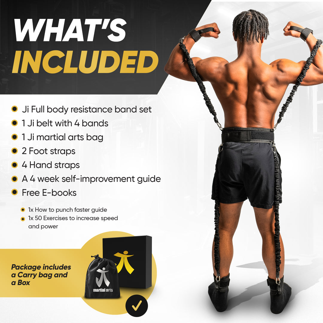 "Man wearing resistance bands showing what's included in the package"